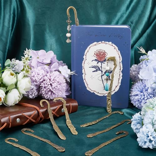 SUNNYCLUE 12Pcs Hook Bookmark Metal Hook Bookmarks Bulk Tibetan Style Antique Bronze Mermaid Dolphin Horse Bookmark Blanks with Hanging Loops Hairpin Stripe Carved Book Marks for Crafting Reading - Image 4