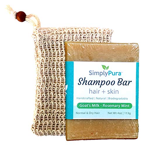 Shampoo Bar (4oz) and Soap Holder Exfoliating Mesh Bag With Drawstring | Eco Friendly Goat's Milk Solid shampoo For Normal & Dry Hair with Soap Bag Kit (Rosemary Mint)