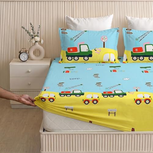 Image of Filymore Kids Car Print Fitted Bedsheet Double Bed | 240 TC Microfiber | 72x72 inches | 1 Bedsheet + 2 Pillow Covers | Lemon & Sky Blue