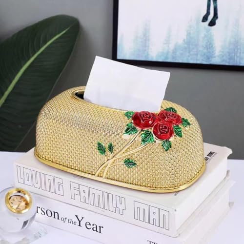 Image of Luxury Golden Tissue Box Cover with Red Rose Design Decorative Rhinestone Napkin Holder for Home Office Bathroom Car Elegant Gifting Idea for Weddings, Housewarmings (Gold)