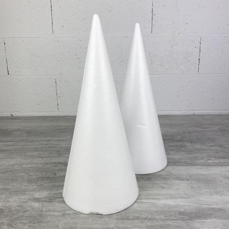 Lot de 2 cônes avec Quelques impacts mineurs en polystyrène Plein, 40 cm de Haut, avec IMPACTS, Base 18 cm, Styro Blanc