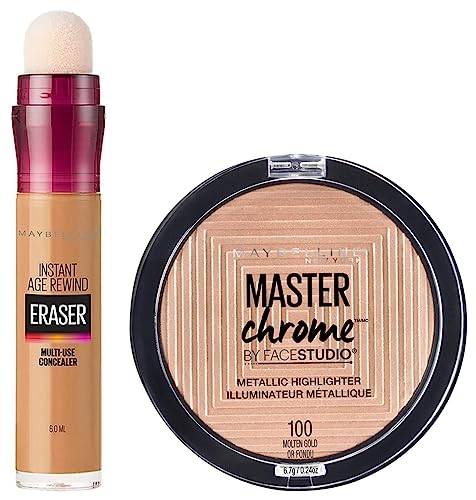 Image of Maybelline New York Instant Age Rewind Concealer, Caramel, 6ml and Maybelline New York Face Studio Master Chrome Metallic Highlighter, Molten Gold, 6.7g