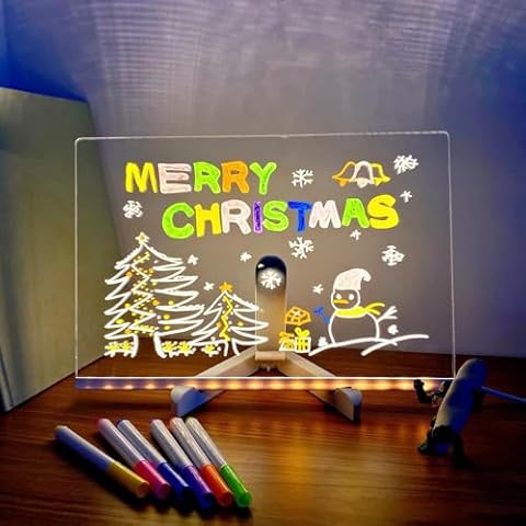 Light Up Acrylic Message Board, LED Note Board with Colors, Led Drawing Board, Illuminated Acrylic Notepad with Adjustable Stand and 7 Pens (15 * 15cm) Cover