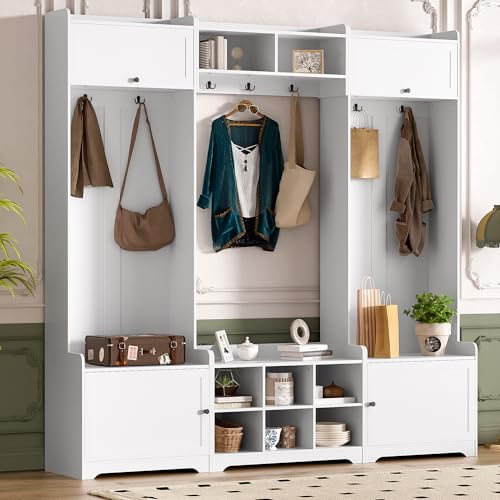 DancingSwan 79.1" Hall Tree with Storage: 4 Cabinets 8 Cubbies 7 Hooks & Adjustable Shelf - Entryway Bench for Multigenerational Families with Anti-Tip Safety & Seating Areas