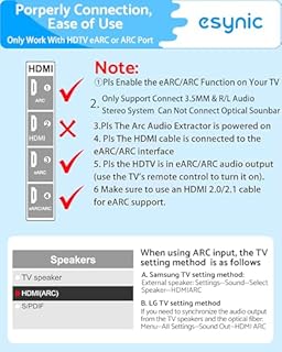 eSynic 7 FT Long eARC/ARC Audio Extractor-Plug & Play-Only Work For HDTV ARC/eARC Interface-192KHZ ARC to RCA&3.5MM Aux Adapter From HDTV to 3.5MM Headphone&L/R Stereo Audio System-No Optical Soundbar