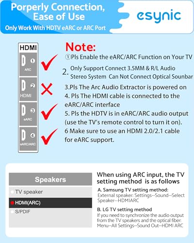 Image of eSynic Professional eARC /ARC Audio Extractor-Plug & Play-Ultra Long 7ft Cable-Portable 192KHZ ARC to RCA & 3.5MM Aux Adapter- USB Power-from HDTV ARC /eARC to 3.5MM Headphone & L /R Stereo Audio System