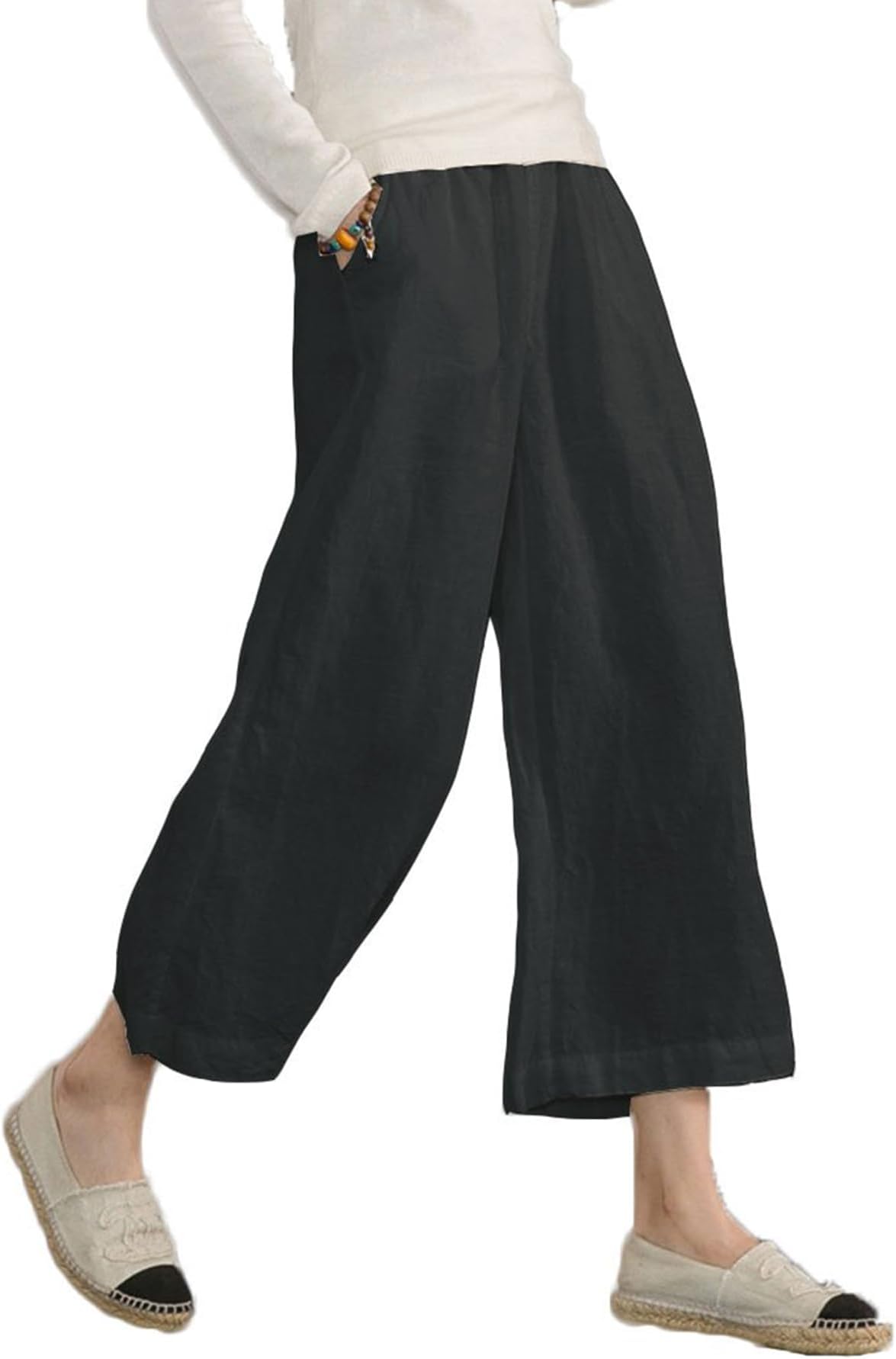 ECUPPER Womens Casual Loose Elastic Waist Cotton Trouser Cropped Wide Leg Pants