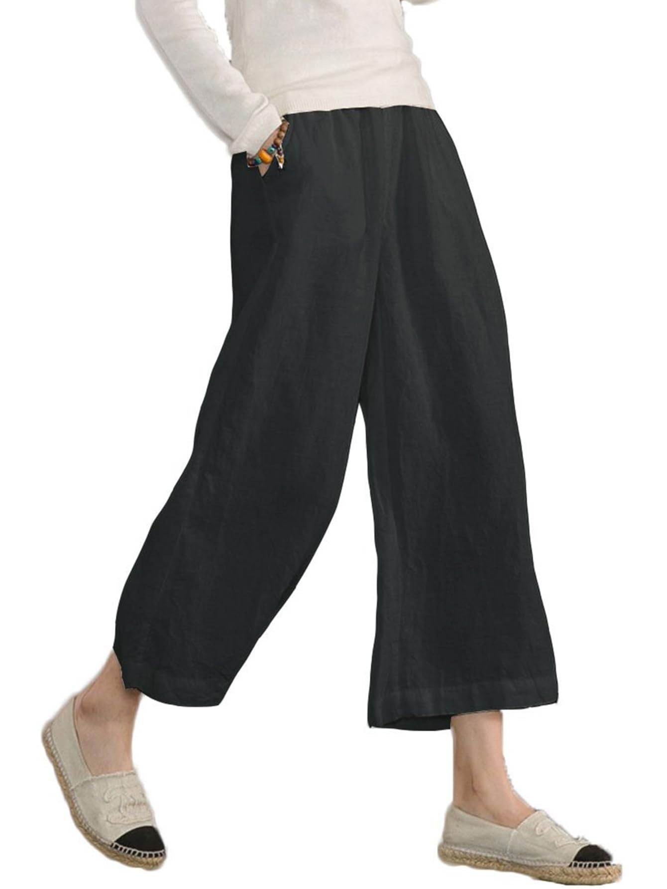 Womens Cotton Cropped Pants Loose Fit Wide Leg Capri Casual Plus Size Elastic Waist Trousers