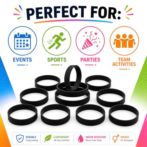 Image of Street27 10-Pack Blank Silicone Wristbands | Unisex Elastic Rubber Bracelets for Events, Sports & Parties Wear - Black