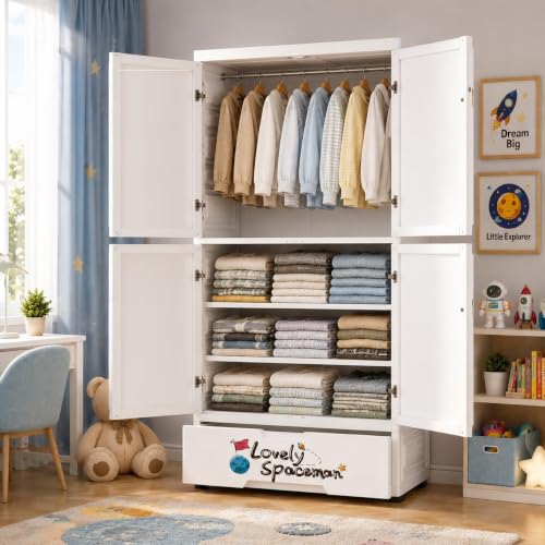 Image of Mevigo 4-Door Plastic Wardrobe for Kids| Almirah and Wardrobe for Baby Clothes| Modular Storage Cabinet with Wheel Organizer for Cupboard Rack for Clothes /Shoes /Books /Toy (White-KT-81021, 4- Door)
