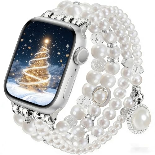 V-MORO Compatible with Apple Watch Band Pearl Series 9/8/7 41mm/40mm Women Fancy Handmade Beaded Elastic Bracelet Bling Jewelry Stretch Strap for iwatch SE Series 6/5/4/3/2/1 Fit for 5.3-6.2 wrist(Pure White 38/40/41mm)