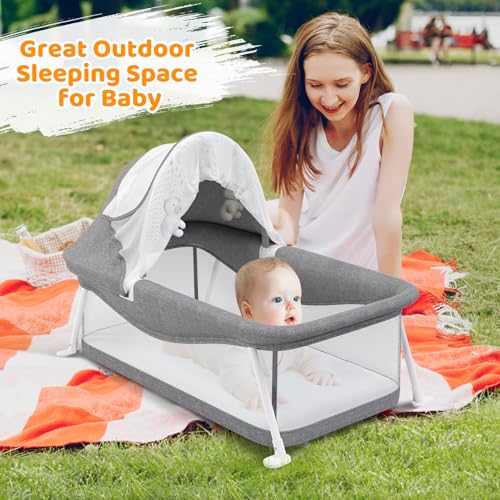 Growaystory Baby Reisebett,Geeignet für Babys von 0-5 Monaten,Portable Reisebettzelt,Klein Zusammenklappbar,Ausgestattet Moskitonetz und Spielzeug,Liegefläche 80 x 40 cm (Grau)