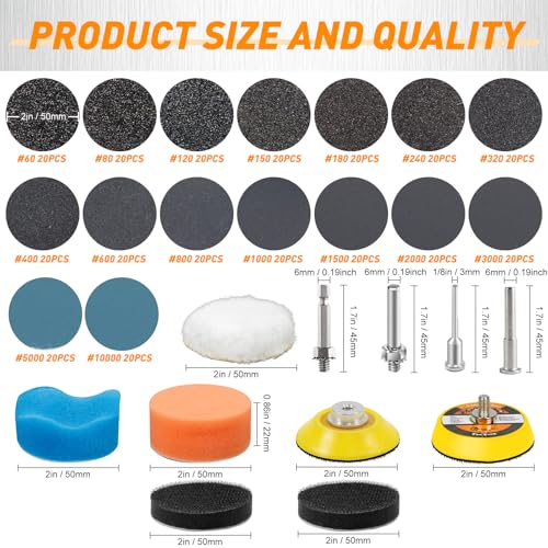331 Pièces Disque Abrasif 50mm Disques Poncage 60-10000 Grain Papier a Poncer Perceuse à l'eau et à sec Papier Abrasif Disque a Poncer pour Metal, Bois, Carrosserie, Phare – vue 2