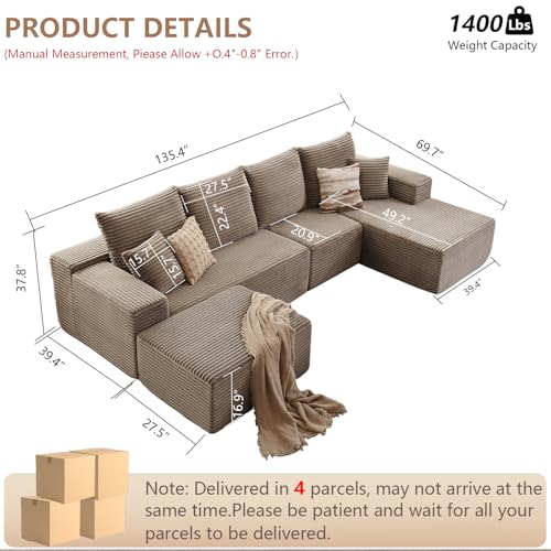 Image of 135.4 inchModular Sectional Sofa, Boneless Couch U-Shaped Sofa for Living Room | Cloud Couch Sectional with Ottoman, 4 Seater Deep Seat Memory Foam Compressed Sofa, No Assembly, Right-Facing Chaise, Camel