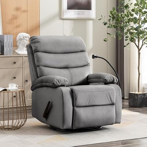 chizzysit Upgraded Velvet Swivel Rocker Recliner Chair for Adults, Rocking Recliner Chair, Manual Small Recliners for Small Spaces, Living Room, Nursery, RV, Grey Cover
