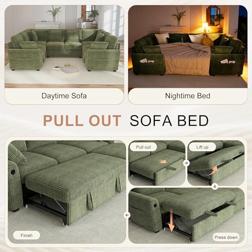 Image of Hanherry Sectional Sofa with Pull Out Couch Bed,Corduroy Sleeper Sofa with 2 Seat Storage & USB Charging,Comfy Modular Couches for Living Room,Apartment