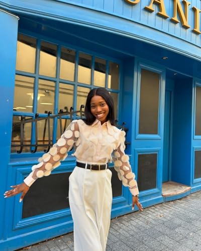 UOOZEE Women's Long Sleeve Dressy Casual Blouse Button Down Sheer Polka Dot Cocktail Party Tops Shirts4