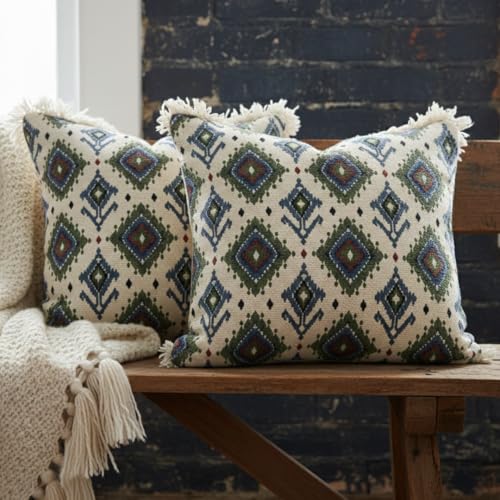 Image of Cotton Cushion Covers 16x16 Inch | Set of 2 | Handwoven Printed White Decorative Square Cushion Case with Fringe | Sofa, Living Room, Bedroom, Diwan Home Decor Throw Cushion Cover