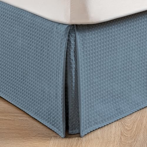 Image of MIYE Pleated Waffle Weave Bed Skirt, Tailored Dust Ruffle 22 Inch Drop Easy Fit, Machine Washable (Blue, TwinXL - 22 inch Drop)