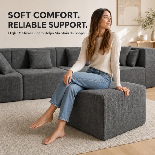 Image of MONVANE 27.5 inch Square Ottoman, Modular Foot Rest, Grey | Matches Modular Sectional Cloud Couch, Footstool for Living Room, No Assembly Required, High-density Resilient Foam