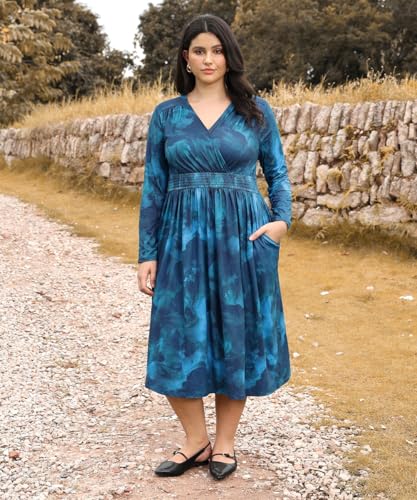 CARCOS Plus Size Dresses for Curvy Women V Neck Fall Maxi Dress Long Sleeve Floral Boho Dress Smocked Waist Party Dress2