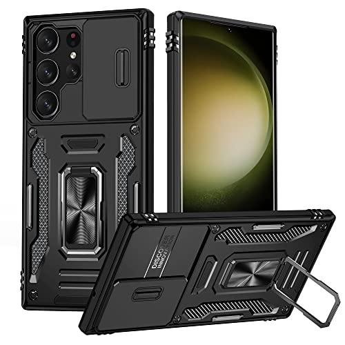 Samsung Galaxy S23 Ultra Case - Shockproof Cases for S23 5G - Anti-Fall Drop Protection - Built-in Slide Anti-Scratch Camera Lens Cover - Integrated 360 Degree Rotating Ring Kickstand, 6.8 Inch,Black