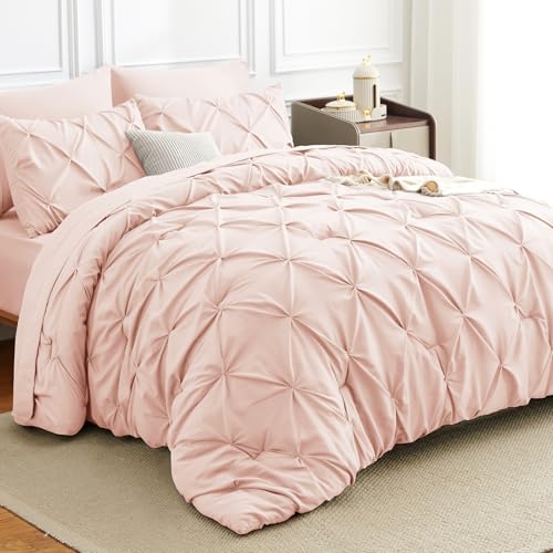 HIMEET Pintuck Bed in a Bag Queen Comforter Set, Blush Pink