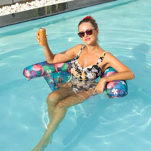 FindUWill Inflatable Pool Floats Chair, 2 Pack Tanning Pool Lounger Chair with Sling, Fabric Swimming Noodle Chairs Pool Floaties, Blow up Pool Noodles for Adults(Flamingo, Green)