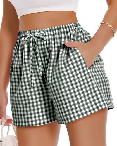 Image of Women Boxer Shorts Gingham Drawstring Pajama Bottom Plaid Pants with Pocket
