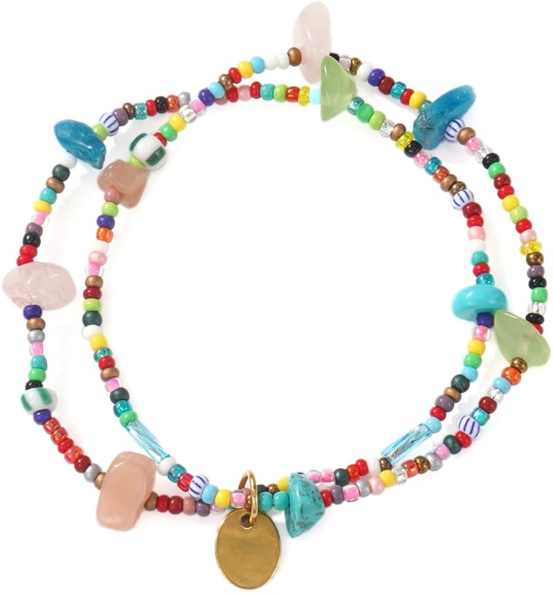 2PCS/Set Cute Natural Crystal Beaded Stackable Bracelet for Women, Handmade Bohemian Colorful Energy Stones Bracelets Stack Fashion Summer Beach Jewelry Gift Friendship