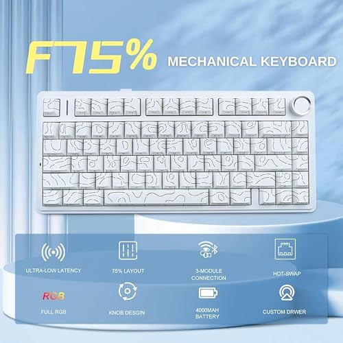 Image of AULA F75 75% Side Engraved Tri Mode TKL 80 Keys Wireless Mechanical Gaming Keyboard With Knob | 4000mAh Battery, South-Facing RGB Backlit Pre-Lubed Hot Swappable | White Contour - Star Vector Switches