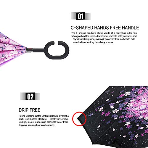 Image of MRTLLOA 40 /49 /56 Inch Oversize Windproof Inverted Reverse Upside Down Umbrella, Golf Size Rain Umbrella, Double Layer, C-Shaped Handle for Men, Women and Kids (Pink Sakura, 49 Inch)