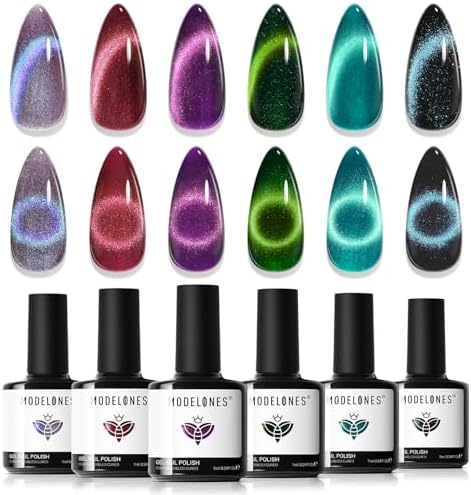 modelones Cat Eye Gel Nail Polish, 6 Colors Glitter Red Green Purple Blue Gel Polish Set with Magnet Sparkle Galaxy Series Nail Gel Polish Kit Soak Off Led Nail Art Manicure Salon DIY Gifts