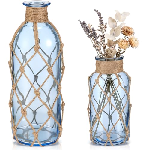 Image of Chuangdi Set of 2 Coastal Glass Flower Vase with Boho Rope, Light Azure