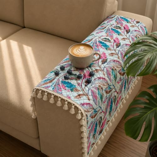 Image of Homerz Premium Printed Quilted Velvet Sofa Slip Cover Protector with Tassels, Sofa Mat, Exact Size, Antislip Cover (Multileaf, 2 pc Armrest, Armrest)