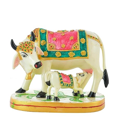 Image of SEVLIYA Traders Polyresin Jai Cowstatue /Showpiece /Murti Gift & Home Decor Marble Dust, Showpiece For Home Decor, Handmade Divine Cow, Mother Cow With Baby Calf, Kamdhenu 7X4 Inch, White