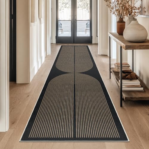 Capslpad Tapis de couloir, 80 x 300 cm, aspect jute, naturel, lavable, noir, marron, antidérapant, pour couloir, cuisine, chambre à coucher, balcon