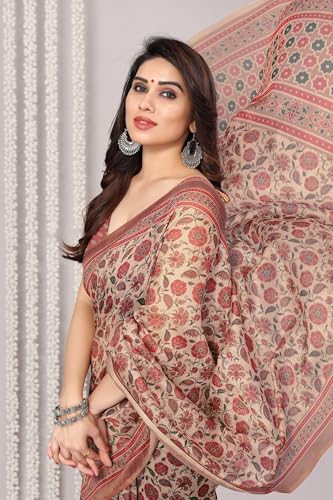 Image of MIRCHI FASHION Women Saree Ajrakh Digital Printed Cotton Blend | Lightweight Professional Office Sari with Blouse Fabric
