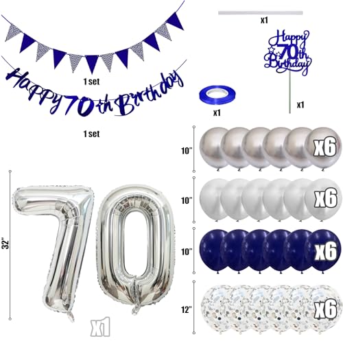 Image of 70th Birthday Decorations for Men Women, Blue Silver White Birthday Balloons, Blue Happy 70th Banner Cake Topper Number 70 Foil Balloon for 70 Year Old Party Decoration