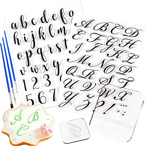 Mity rain ケーキスタンプ7点セット アルファベット数字 フォンダン型スタンプエンボス加工クッキースタンププレス文字カッター アクリルスタンプブロック2個 ペストリーブラシ3本 ベーキングツール DIYカップケーキデコレーション用