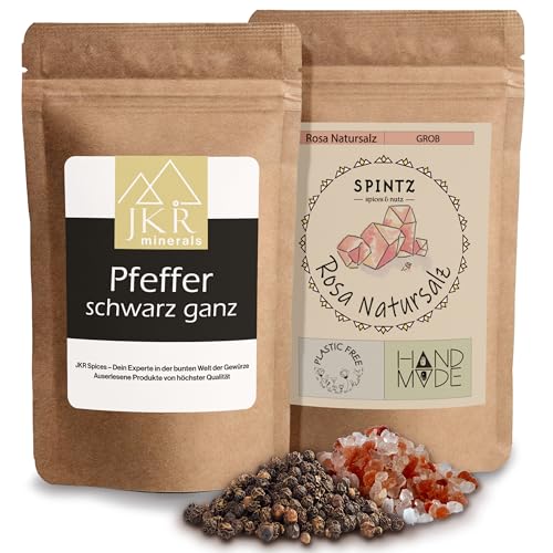 JKR Spices® 250g Schwarzer Pfeffer ganz + SPINTZ 500g Rosa Natursalz grob - Kombi Angebot | ganze Pfeffer Körner + Grobes Salz für Pfeffermühle | 100% natürliche Pfefferkörner und Kristallsalz