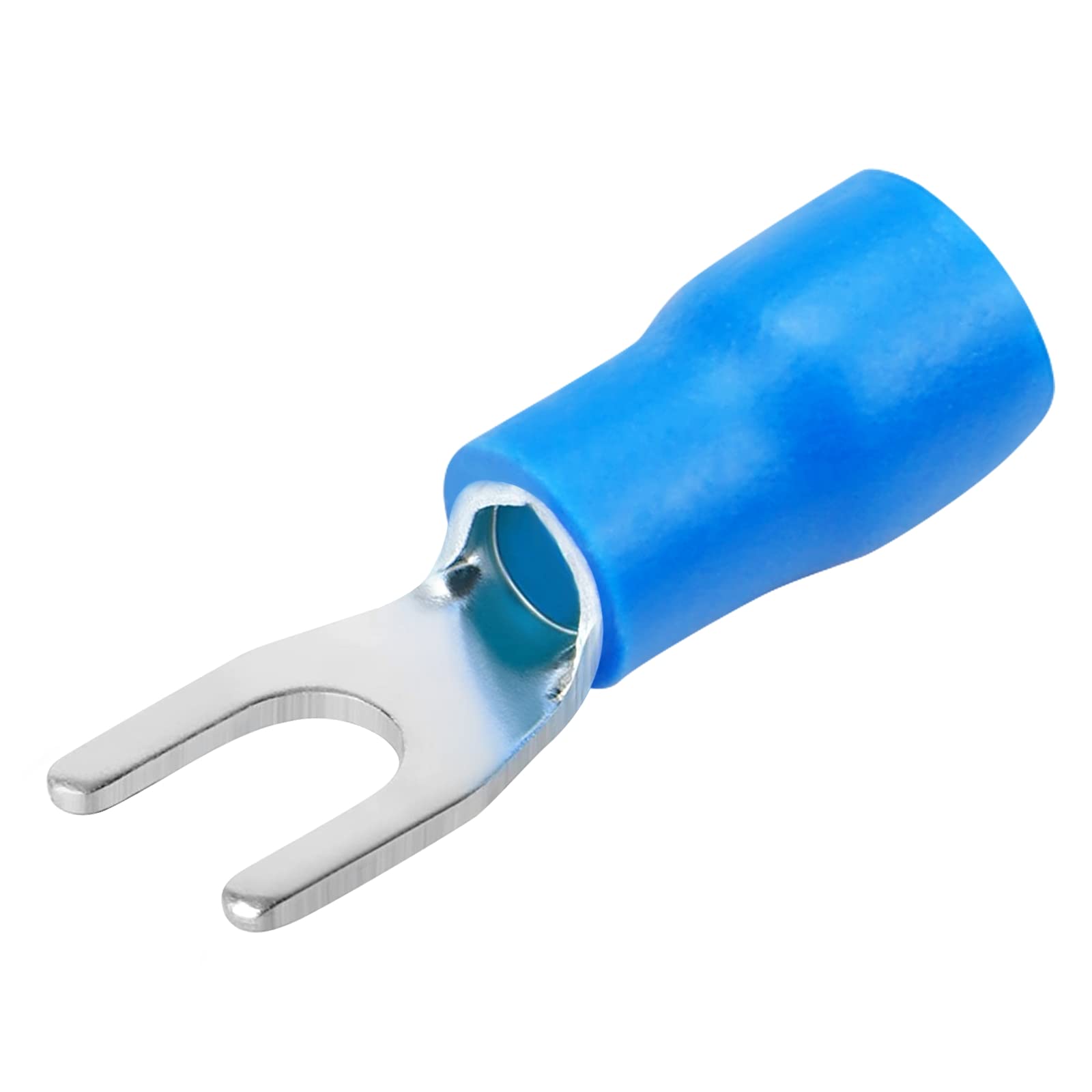 PRECIHW 200 Pcs Insulated Fork Spade U-Type Wire Connectors, 16-14 AWG M4 Electrical Crimp Terminals, Stud Size #8 Size Blue Butt Connectors
