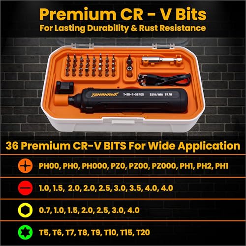 Image of TOMAHAWK T-SD-N-36pc 36-Piece Multipurpose Mini Handheld Screwdriver Set for Home-3.6V, Compact Reversible LED Indicator Electric Screwdriver for RC, Laptop, Phone, Computer Electronics