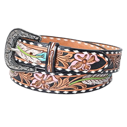 American Darling Beautifully Hand Tooled Black Genuine American Leather Belt Men and Women Western Belt with Removable Buckle