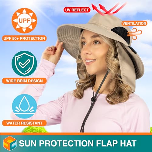 Image of SUN CUBE Wide Brim Sun Hat Men Women, Fishing Hats Sun UV Protection, Mens Hiking Bucket Hat Safari Beach Boonie, UPF 50+
