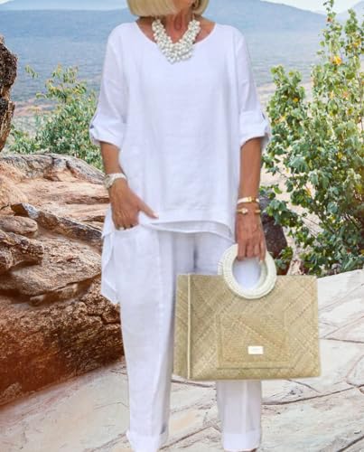 Women Linen 2 Piece Pants Suit for Women Dressy Cotton Linen Sets Outfits Long Sleeve Shirts Wide Leg Trousers3