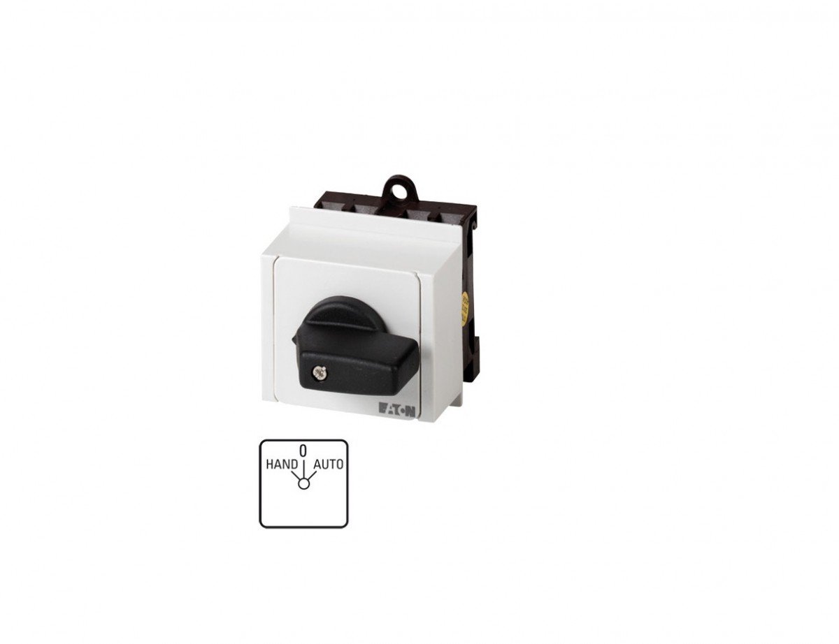 Eaton T0-1-15431/IVS Interruptor Conmutador, Contactos 2, 20 A, Placa Indicadora HAND-0-AUTO, 45°, Enclavamiento, Montaje en Armario de Distribución, 55 mm x 54 mm x 82 mm