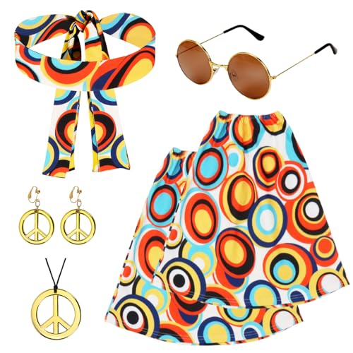 Capaneus Disfarce hippie para mulher, conjunto dos anos 60 e 70, com bandana, aquecedores de pernas, colar, brincos, óculos de sol, acessórios hippie para festas temáticas dos anos 60 e 70