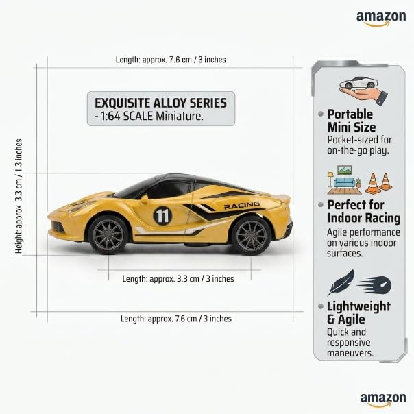 Image of Mini RC Car 1:64 Scale Remote Control Car for Kids, App Controlled Electric Racing Toy with LED Lights, Rechargeable Battery, 2.4GHz Control System, Birthday Gift for Boys & Girls (Yellow)