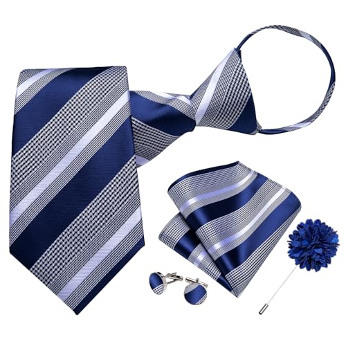 Image of DiBanGu Mens Zipper Tie Silk Pre-Tied Necktie with Gift Box | Jacquard Woven,Paisley Solid Plaid Pattern,6PCS with Pocket Square,Cufflinks and Lapel Pin,for Wedding Party Formal Business